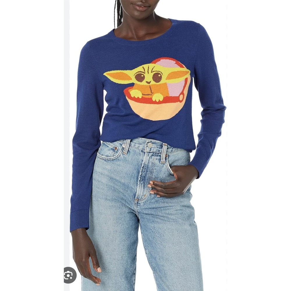 Star Wars Grogu Baby Yoda Navy Blue Crewneck Sweater Women‎ Medium NWT